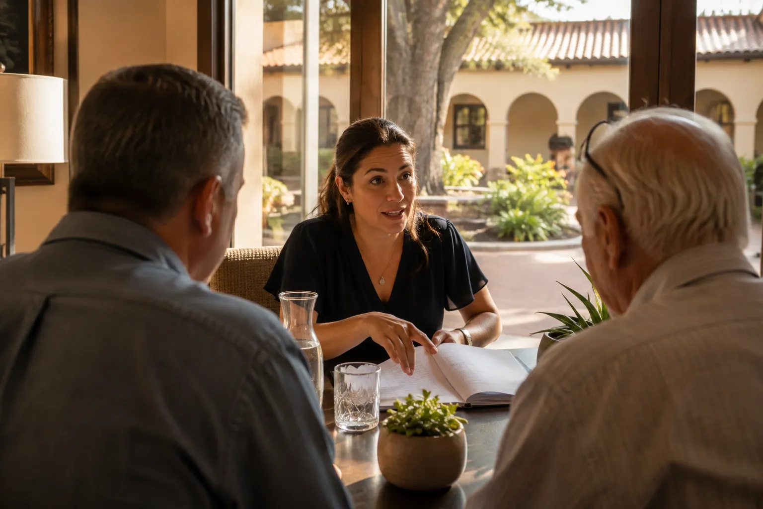 Family reviewing a senior living contract with a community director across a table